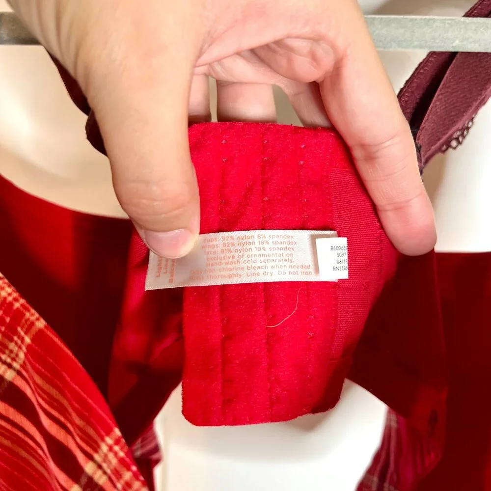 Cacique Lightly Lined Balconette Red Plaid Lace Straps Bra Sexy Holiday Plus 38H - Picture 4 of 5